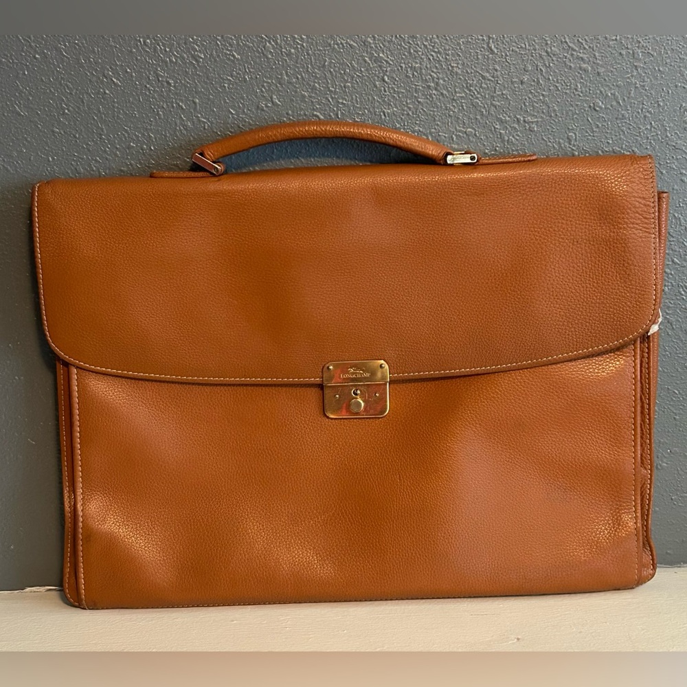 Vintage Longchamp Le Foulenne Tan Leather Attache Briefcase
